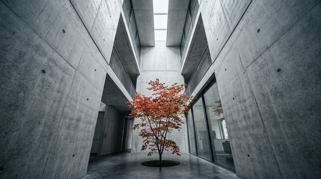 Red Maple Tree in Modern Concrete Atrium