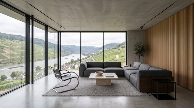 Modern Living Room with River Valley Panoramic View