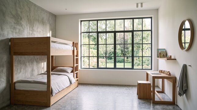 Modern Bedroom with Bunk Beds and Large Grid Window