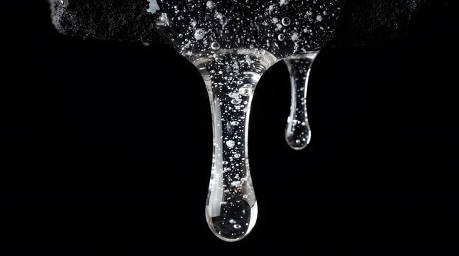 Clear viscous liquid dripping from a dark surface