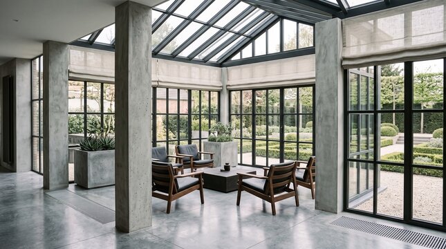 Modern Sunroom Interior with Skylight and Contemporary Seating