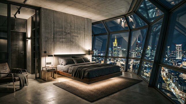 Modern Luxury Bedroom with City Skyline View at Night