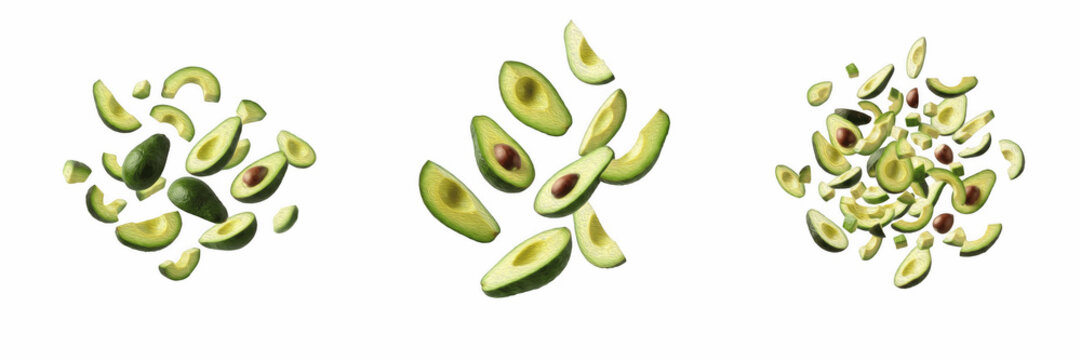 Fresh Green Avocado Slices and Halves Floating Explosion PNG, Isolated Dynamic Flying Guacamole Ingredients Collection, Healthy Diet Food Design Element, Organic Fruit Splash Graphic with Transparent 