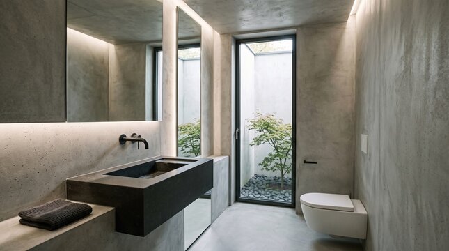Modern Minimalist Bathroom with Concrete Walls and Courtyard View