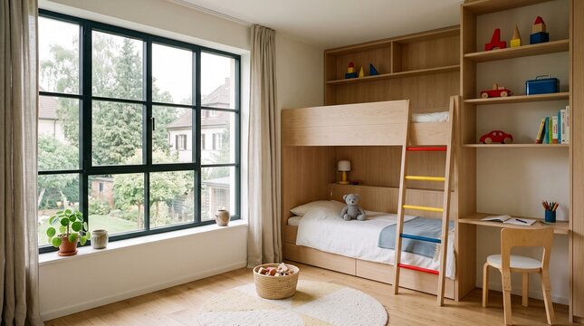 Modern Children's Bedroom with Loft Bed and Wooden Storage