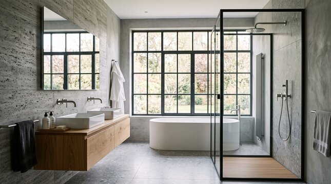 Modern Luxury Bathroom with Freestanding Bathtub and Walk-in Shower