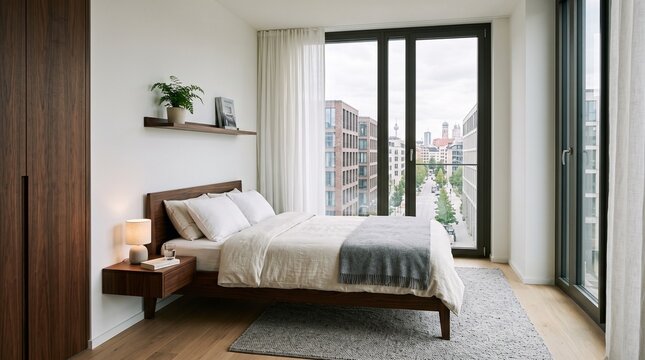 Modern Bedroom with City View and Contemporary Furnishings