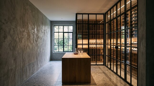 Modern Wine Cellar with Glass Display Cabinets and Tasting Counter