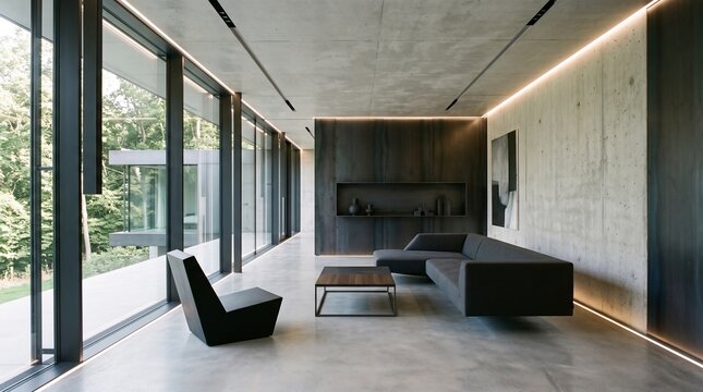 Modern Minimalist Living Room with Concrete Walls and Floor-to-Ceiling Windows