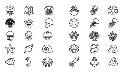 Premium jellyfish, sea creature, underwater, marine life and ocean line icons set © MDSUJON