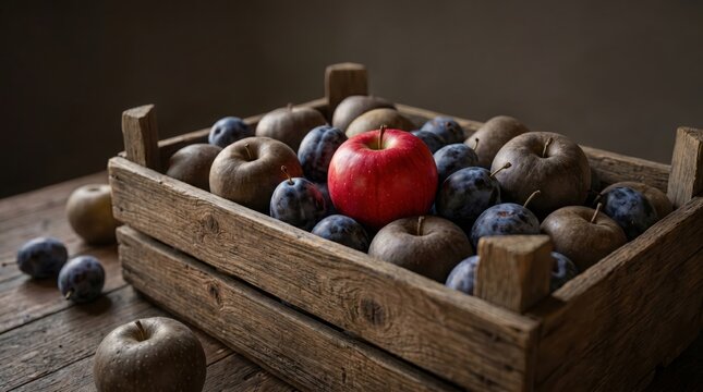A vibrant red apple stands out among a collection of dark, rustic plums and apples inside a weathered wooden crate