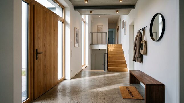 Modern Entryway with Wooden Stairs and Concrete Flooring