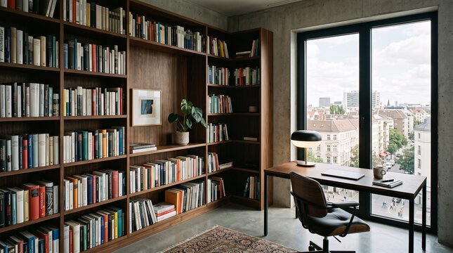 Modern Home Library with City View and Work Desk