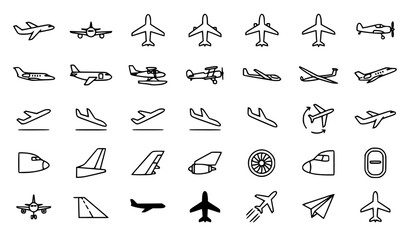 Premium airplane, aircraft, aviation, flight and travel line icons set © MDSUJON