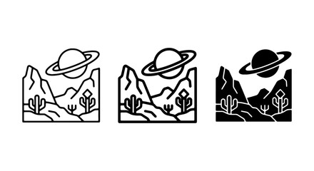 Desert Planet Landscape Icons, Sci-Fi Cactus Mountains, Outer Space Saturn Vector Set © SUFIA