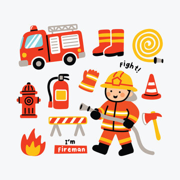 Cute Firefighter Elements Collection Vector, Cartoon Fire Truck, Fire Rescue Equipment and Emergency Icons for Kids Baby Design