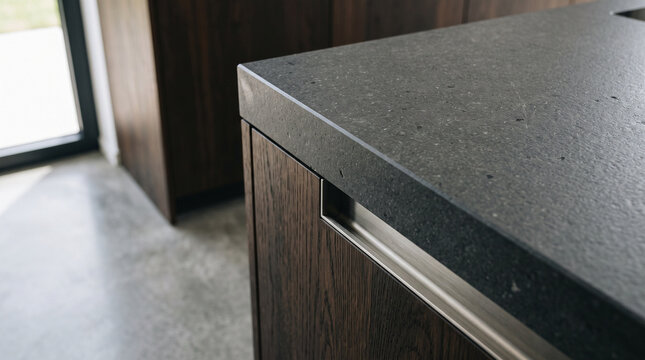 Modern Kitchen Countertop with Dark Stone Surface and Wood Cabinetry