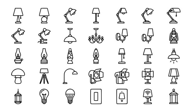 Premium lamp, lighting, illumination, home decor and interior line icons set