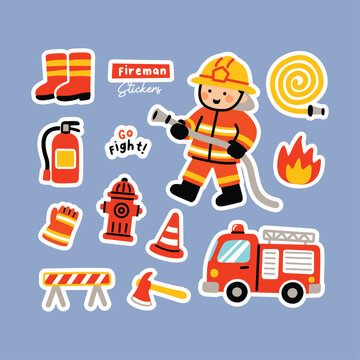 Cute Firefighter Sticker Set Vector, Fire Rescue Equipment and Cartoon Emergency Characters for Kids