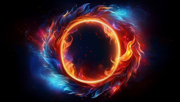a glowing colorful ring of fire on black background with the letter o in center red and blue flames swirling around it creating an enchanting atmosphere