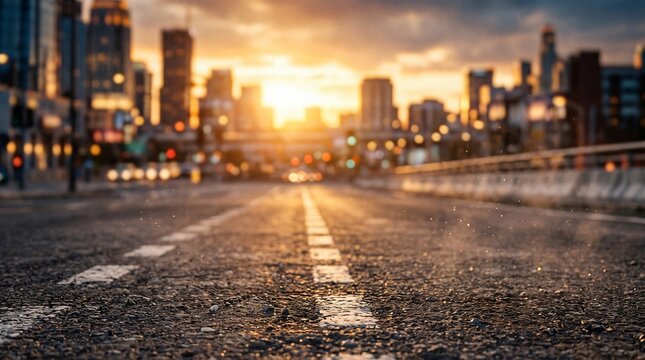 Low angle view of city street at sunset with blurred skyscraper background architecture downtown