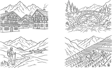 Fototapeta premium Collection of detailed line art illustrations depicting various mountain landscapes including an alpine village a stone bridge a hiker and terraced fi