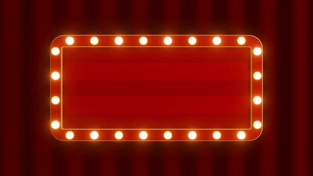 A 3d animation of vintage rectangular marquee frame with glowing perimeter bulbs over a red curtain backdrop, featuring an alternating flashing light animation.