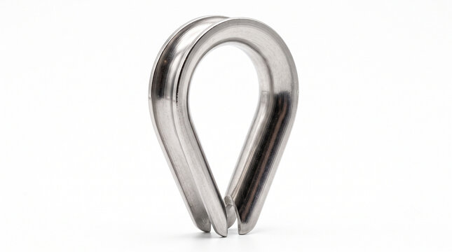 Macro of a heavy machined stainless steel wire rope thimble for marine lifting hardware, isolated.