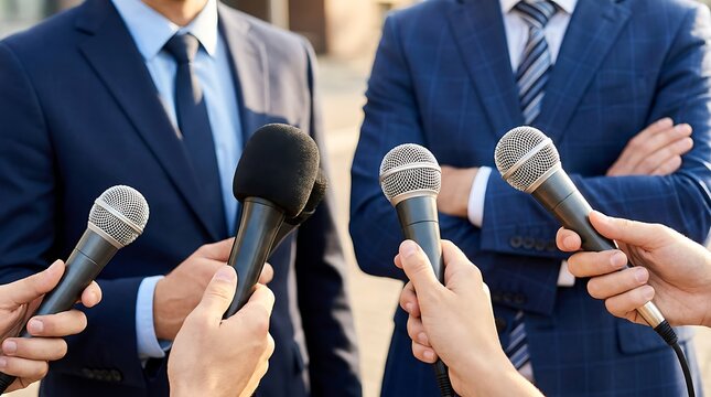 journalists interviewing businessmen in suits with microphones, capturing professional corporate communication and media engagement during press conference event or public relations meeting.