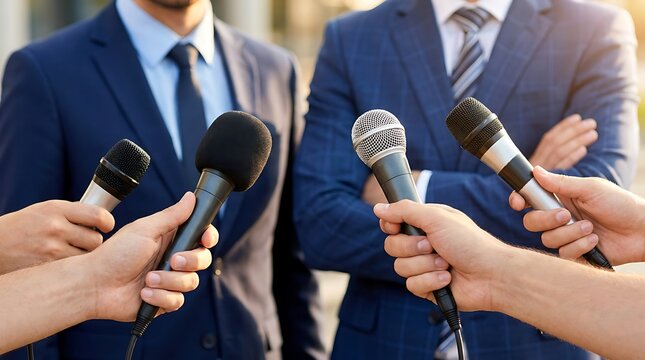 journalists interviewing businessmen in suits with microphones, capturing professional corporate communication and media engagement during press conference event or public relations meeting.