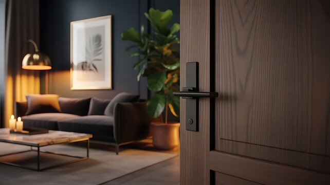 Modern interior featuring a dark wooden door with a sleek black handle opening into a cozy living room with a sofa and indoor plant