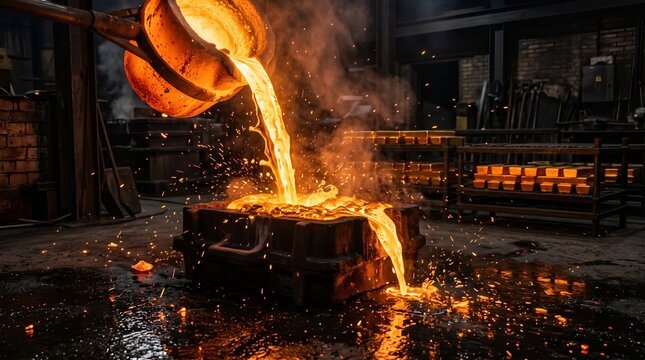 Molten liquid gold pouring from crucible into industrial casting mold with bright glowing sparks in factory