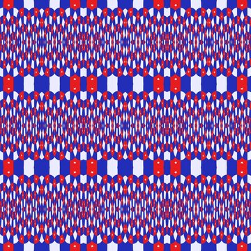 Seamless abstract geometric pattern featuring bold red, blue, and white oval shapes arranged in a rhythmic optical design. Modern retro repeat background for textiles, wallpaper, wrapping paper. 