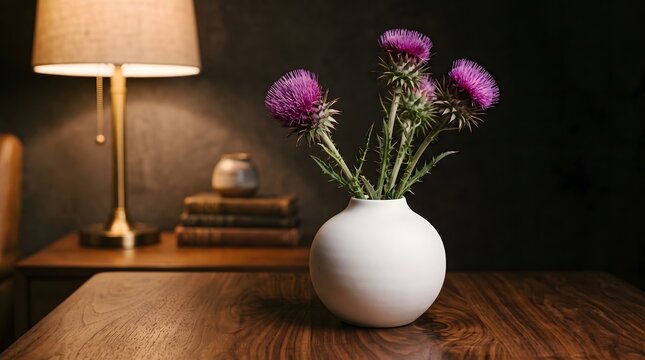 Elegant purple flowers in a white vase on a wooden table. Cozy home decor with soft lighting and warm ambiance.
