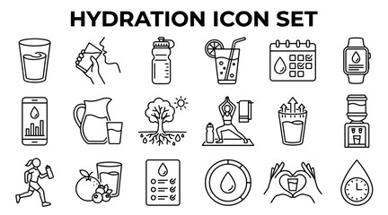Fototapeta premium Hydration icon set. Water intake symbols for health and fitness tracking.