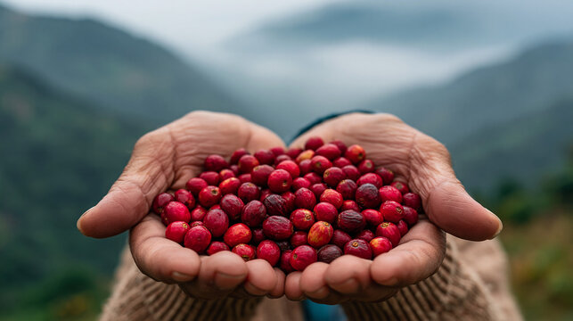 Farmer holding freshly harvested ripe red coffee cherries in hands against mountain landscape.