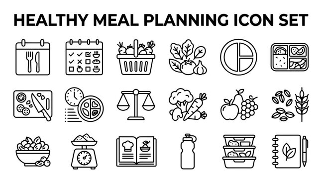 Healthy meal planning icons. Nutrition and diet food vector set for fitness lifestyle.