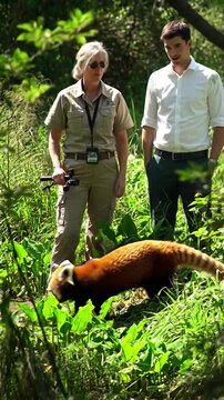 Red panda observed by staff in park enclosure.