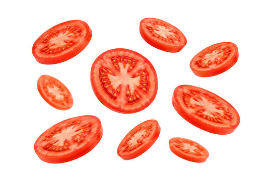 Floating fresh tomato slices isolated on a pure white background, arranged in a clean dynamic composition with vibrant natural color, juicy flesh, visible seed chambers, and crisp cutout edges. Ideal 