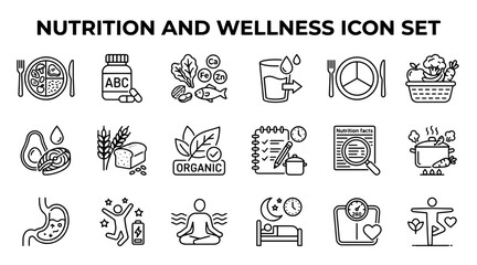 Fototapeta premium Nutrition and wellness icon set. Healthy lifestyle line art symbols for diet and fitness.