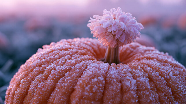 Frozen pumpkin standing in field covered with hoarfrost during cold winter morning.