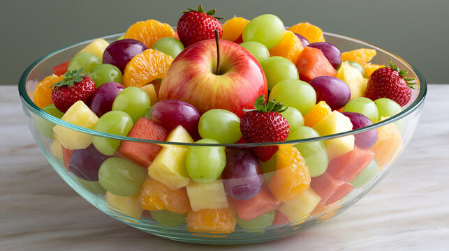 Large clear glass bowl filled with fresh colorful fruit salad on marble surface.