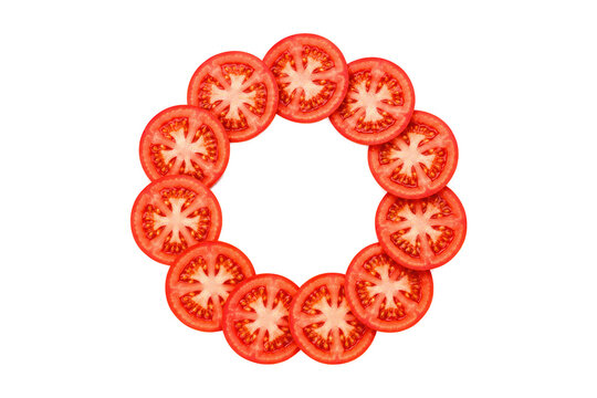 Fresh tomato slices arranged in a circular wreath shape, isolated on a pure white background. Vibrant ripe red tomatoes with juicy flesh, clean cutout edges, centered composition, and an elegant food 