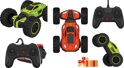 Remote Control RC Stunt Car Vector Set with Green and Orange Monster Trucks Radio Controllers and Holiday Gift Box Graphic Elements © ZINNATUN