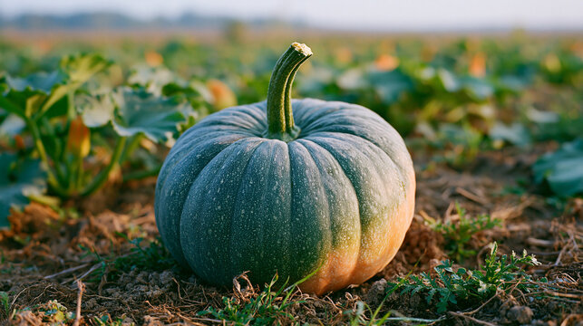 Large green pumpkin growing on ground in field during sunset light.