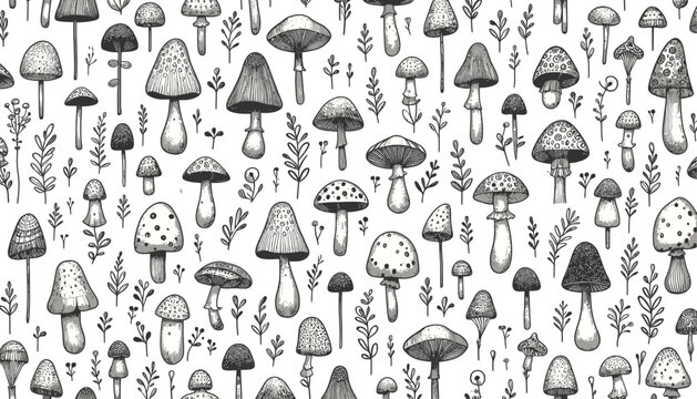 mushroom clusters seamless vector illustration doodle pattern background