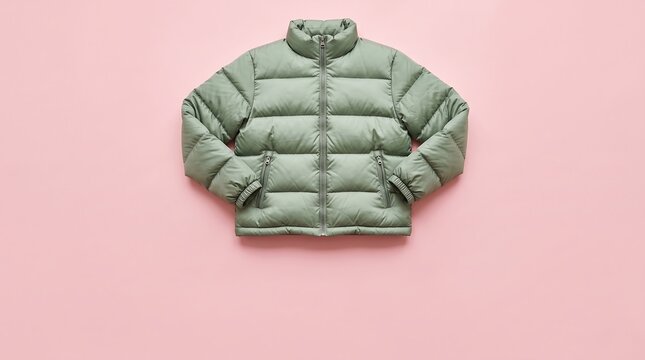 Sage green puffer jacket flatlay top down minimalist winter apparel design