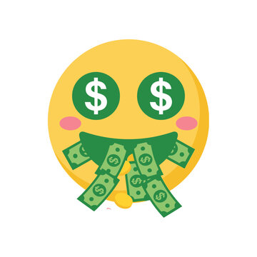 Yellow emoji face with dollar sign eyes and cash.