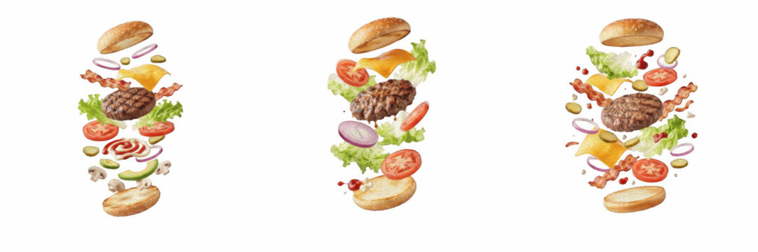 Exploded Burger PNG Set Flying Burger Ingredients Floating Deconstructed Cheeseburger Isolated Transparent Background Fast Food Cutout Clip Art Graphic Design Elements Sublimation Printable Set PNG Co