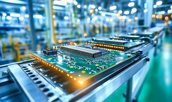 Modern industrial facility conveyor belt processing green electronic circuit boards for assembly.